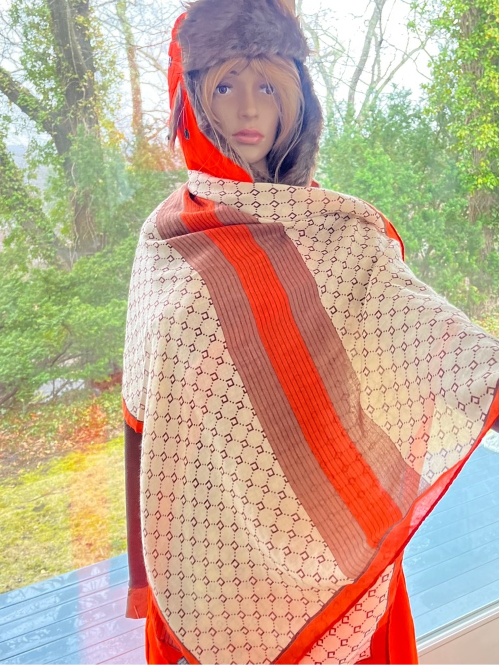 Source Unknown Orange and Cream Patterned Hooded Wrap Scarf